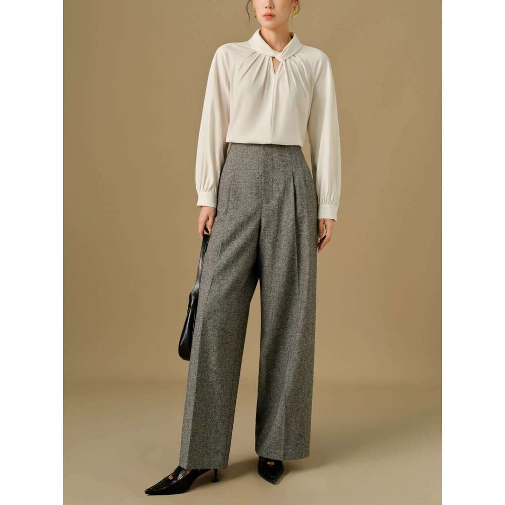 DUSHU 53.2% Sheep Wool Plus Size Commuting All-Match High Waist Elegant Wide Leg Pants Women 2024 New Trousers 24Dh84028