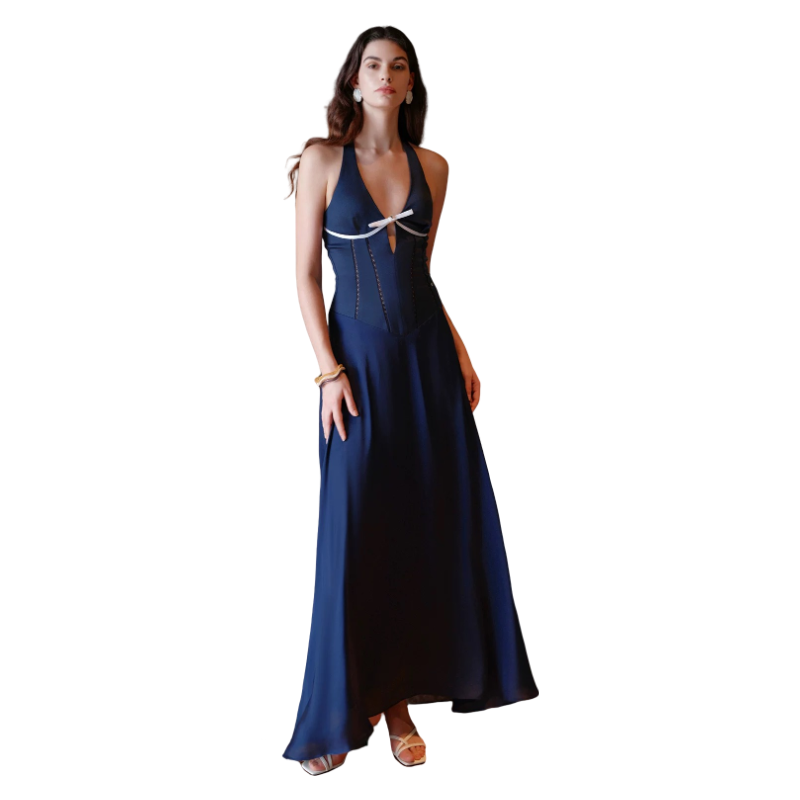 2025 French V-neck bow design waist cinching and neck hanging dress Fashion Week Show Customized Fashion Tailored clothing womens Fashion Paris.M356