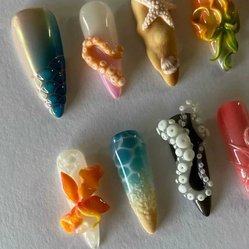 10 piece handmade full set pressing girls nails 3D star style almond pattern ABS material nail art Sn strap set H25429