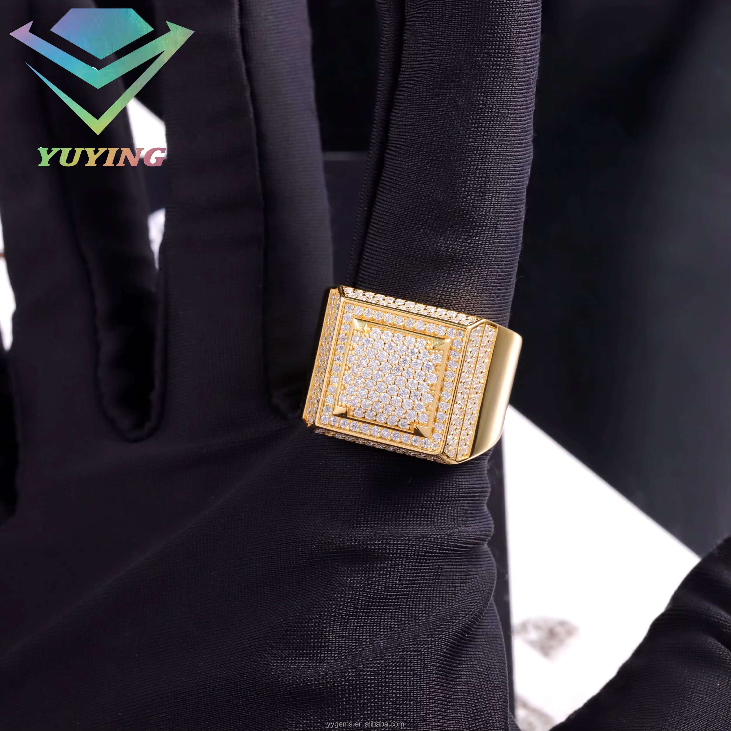 Custom 18k Yellow Gold Color Cuban Ring for Men 925 Sterling Silver Hip Hop Ring Jewelry Pass Tester VVS Moissanite Cuban Ring