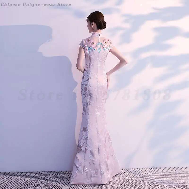 Elegant Women Mermaid Slim Qipao Pink Embroidered Cheongsam Full Length Vestidos Female Evening Party Chinese Dress Size Xs-3Xl