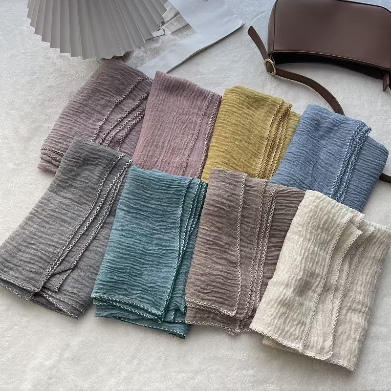 T596 Spring and Autumn new pleated solid color cotton and linen large square scarf female Korean style temperament versatile shawl thin neck scarf