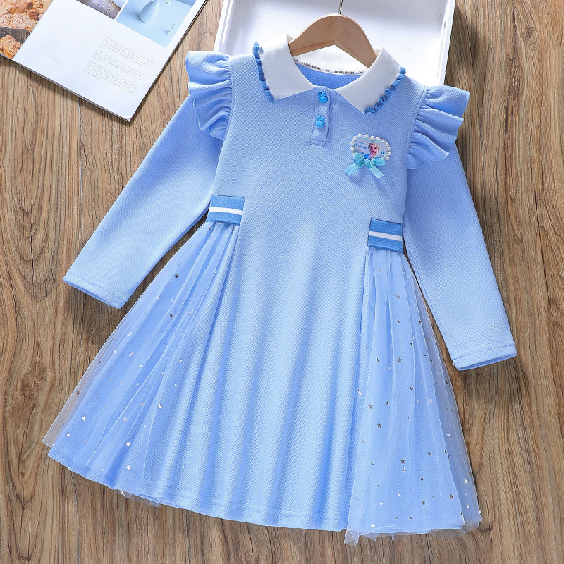 DISNEY Frozen girls' autumn and spring polo dress children's long-sleeved princess dress baby Elsa polo dress.
