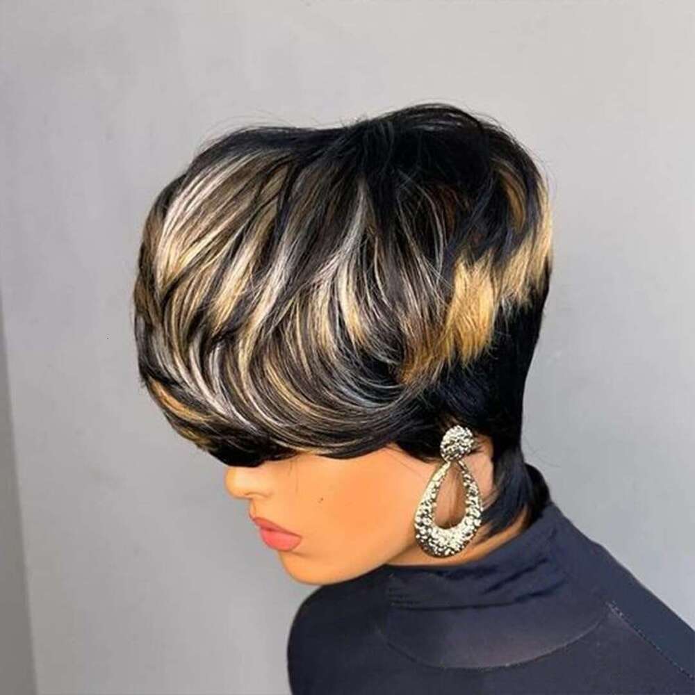 PangDongLai Cut for Black Women 1B/30/613 Trend Color Short Layered Pixie Wigs With Bangs Brazilian Straight Real Human Hair Glueless Full hine Made (