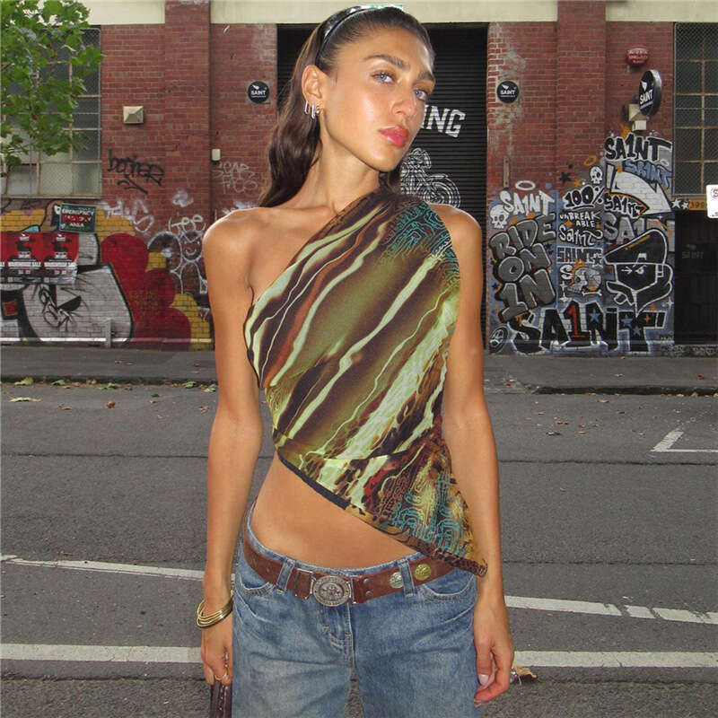 European American style summer women's fashion printed single shoulder sleeves, slanted hem, slim fit base vest, 2025 new style, chic and elegant