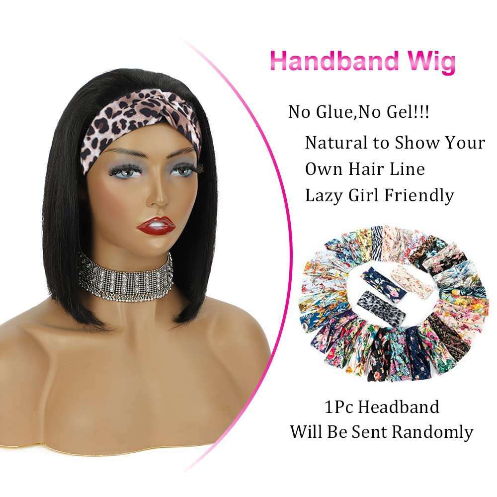 AISI Human Hair Bob Headband for Black Women Easy Put On and Go Glueless Short Straight Wigs hine Made 150% Density No Lace Wig Natural Color(10 Inch)