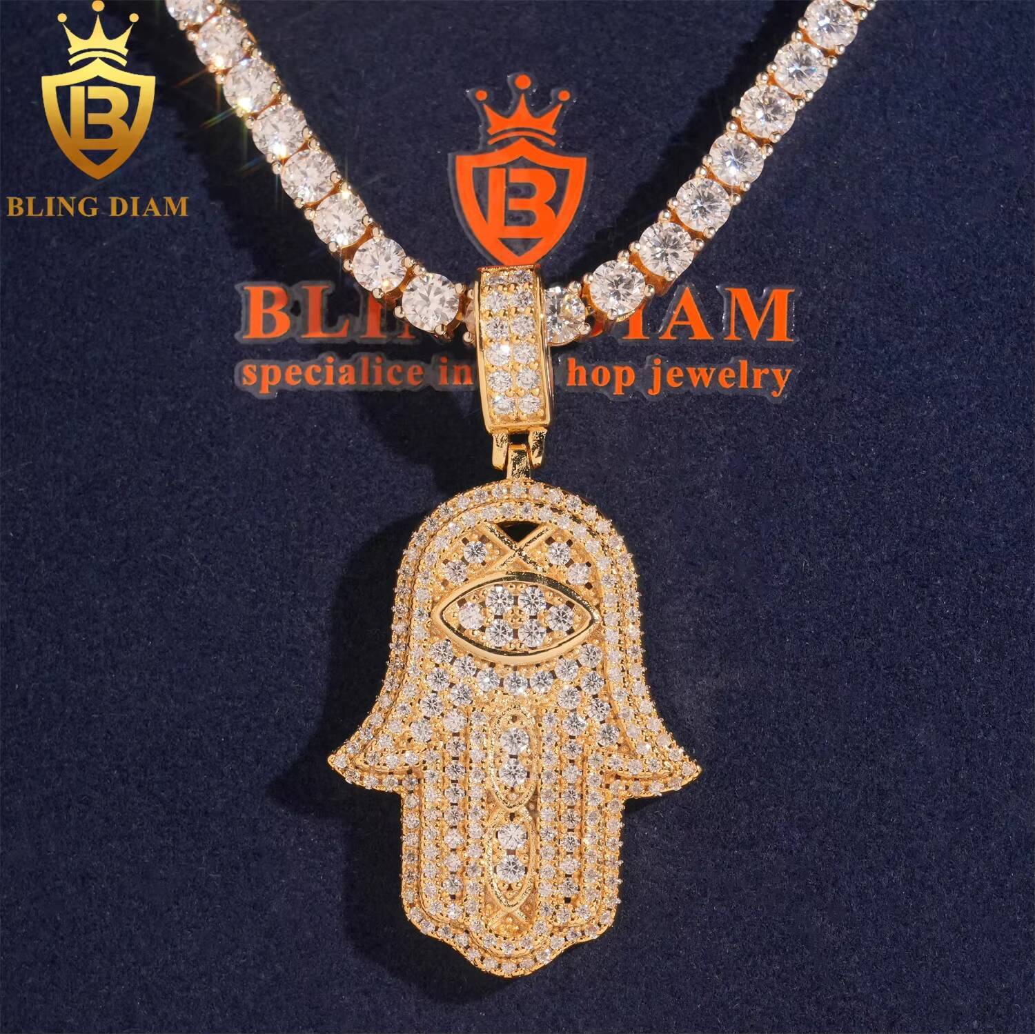 Hamsa Hand Pendant Hip Hop Jewelry Full Diamond VVS Moissanite 925 Silver Charm Pendant Pass Diamond Tester