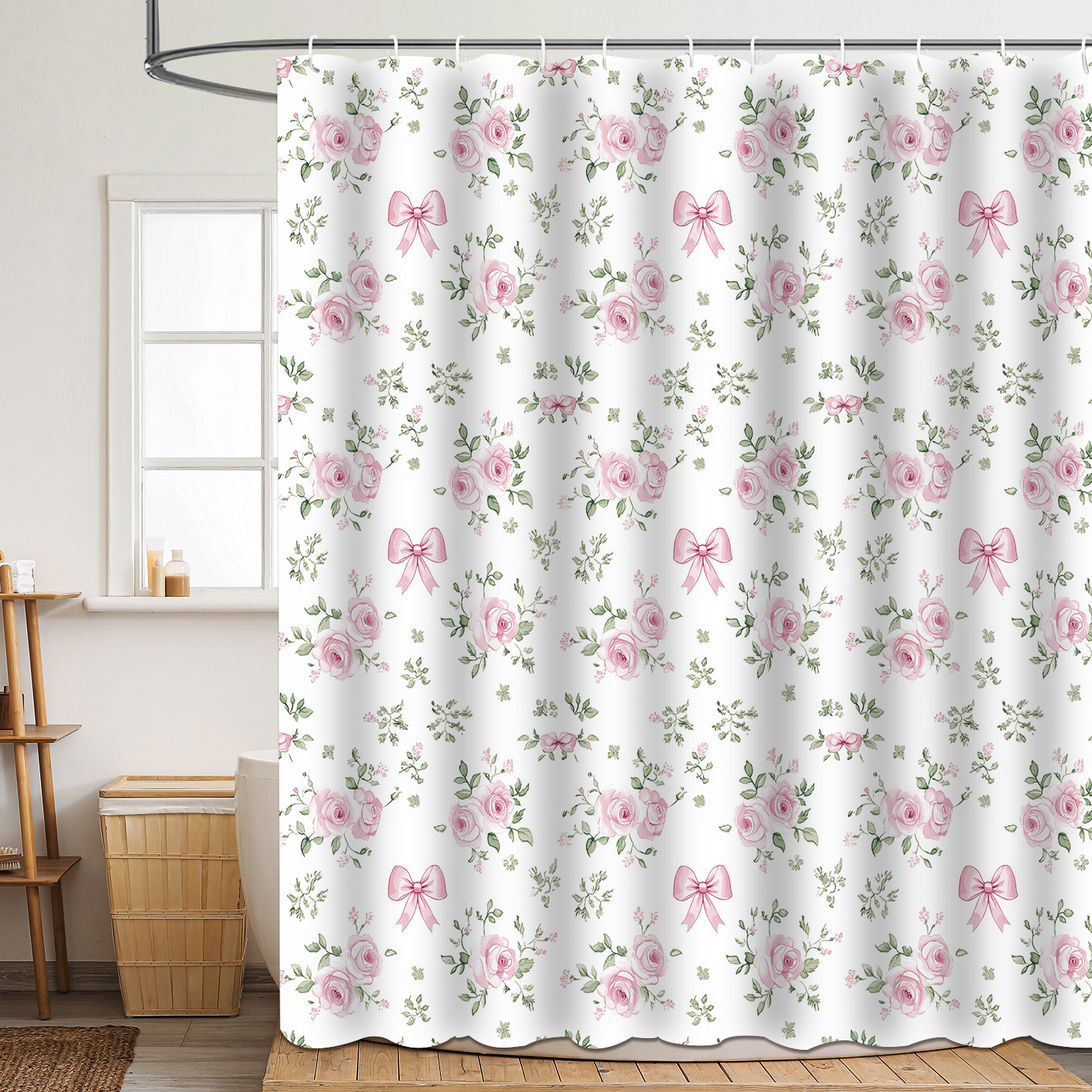 YL-37841 Shower Curtain with Floral and Leaf Prints, Polyester 3D Digital Printing, Waterproof and Mildew-proof Shower Bathroom Partition Curtain
