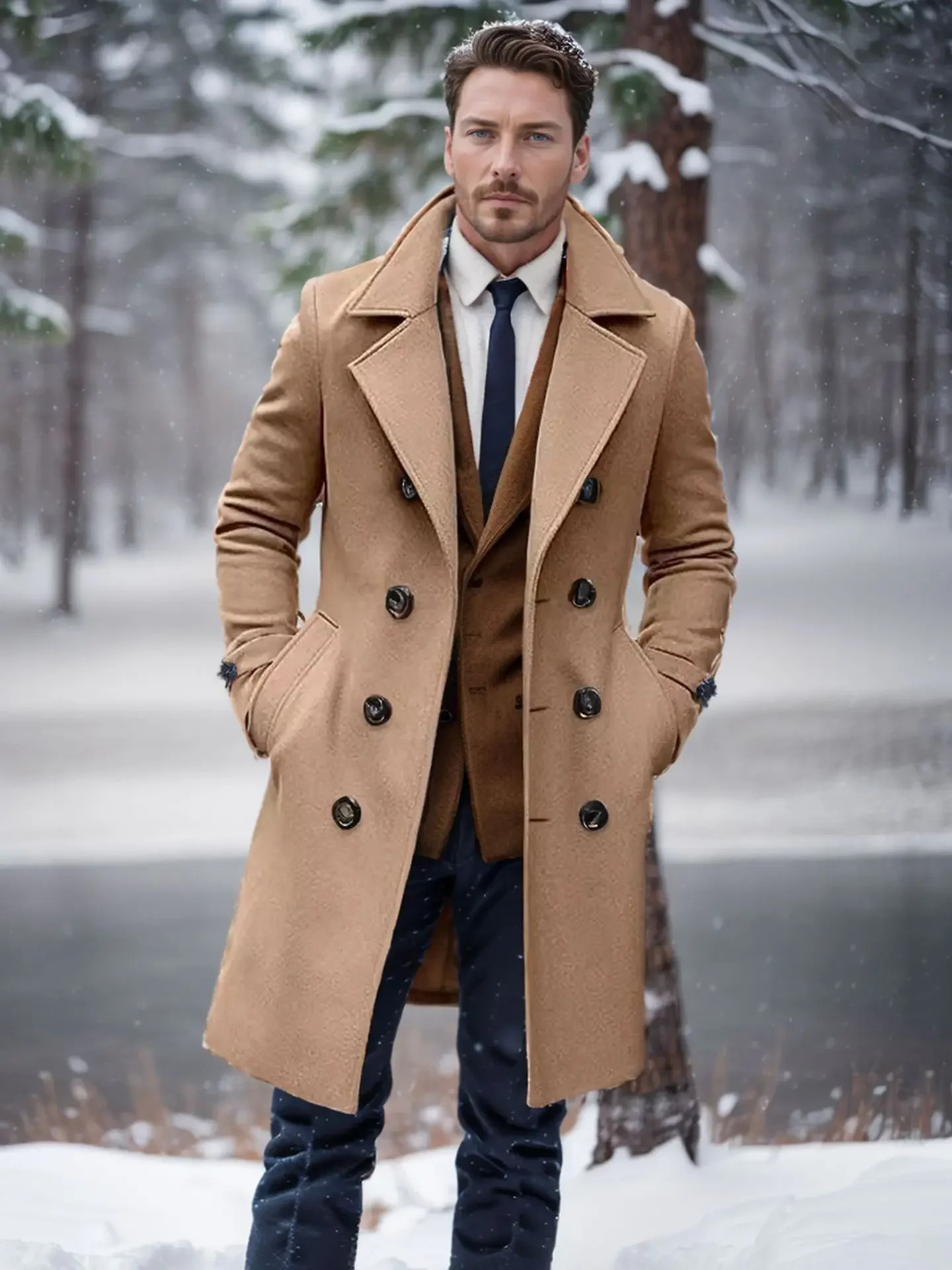 Men Double Breasted Trench Coat Wool Blend Autumn Winter Solid Casual Slim Fit Long Jacket Fashion Male Clothing 251112