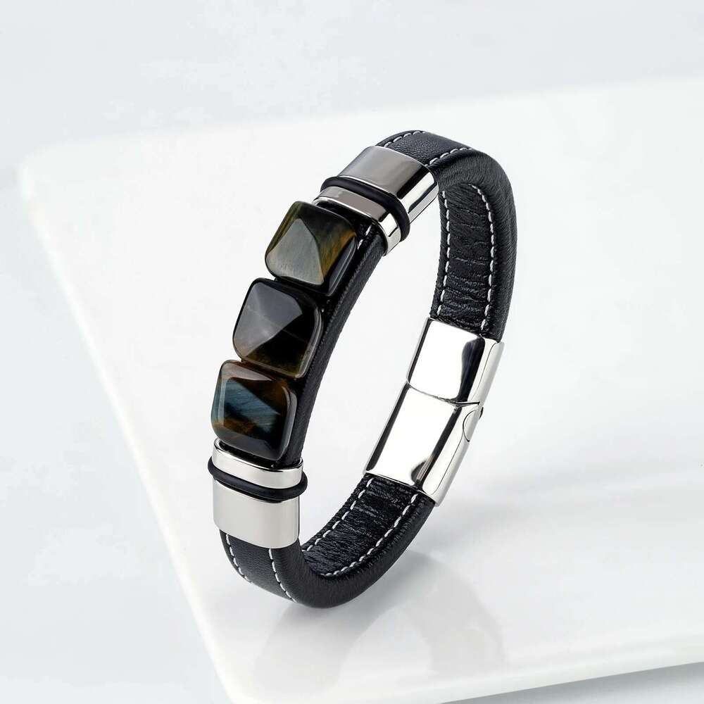 New Multi Color 3 Square Natural Old Tiger Eye Vintage Charm Wide Leather Rope Men's Stainless Steel Bracelet Jewelry