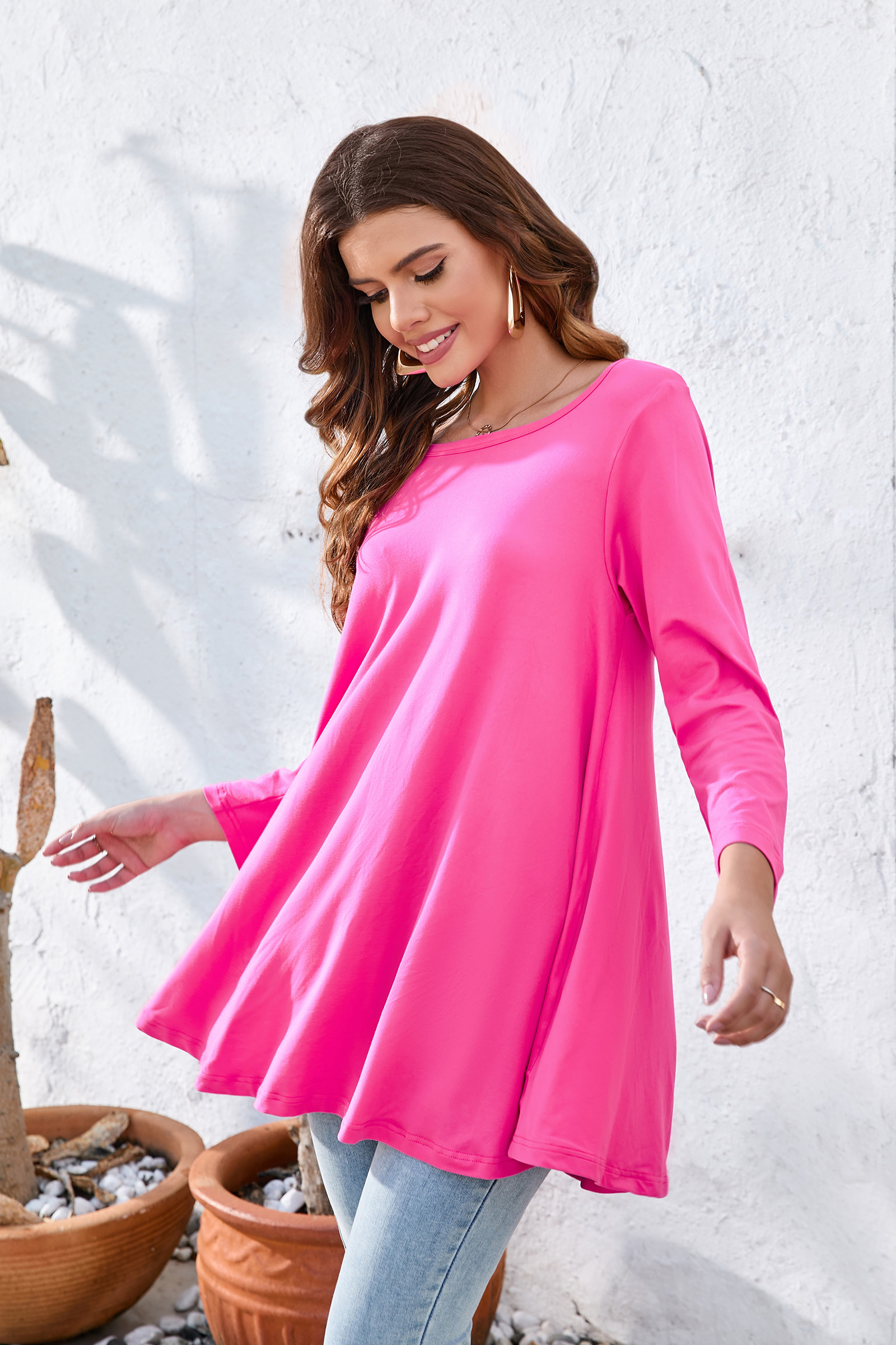 Tunic Tops for Women Plus Size 3/4 Sleeve Crew Neck Swing Flare Loose T-Shirt Blouses to Wear with Leggings Hot Pink Tunic Tops
