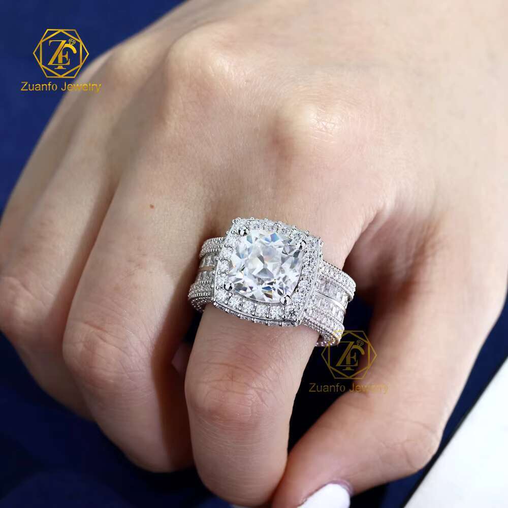 High-end 925 Silver Moissanite Ring Jewelry Big Size Square Cushion Shape Moissanite Halo Ice Out Diamond Ring