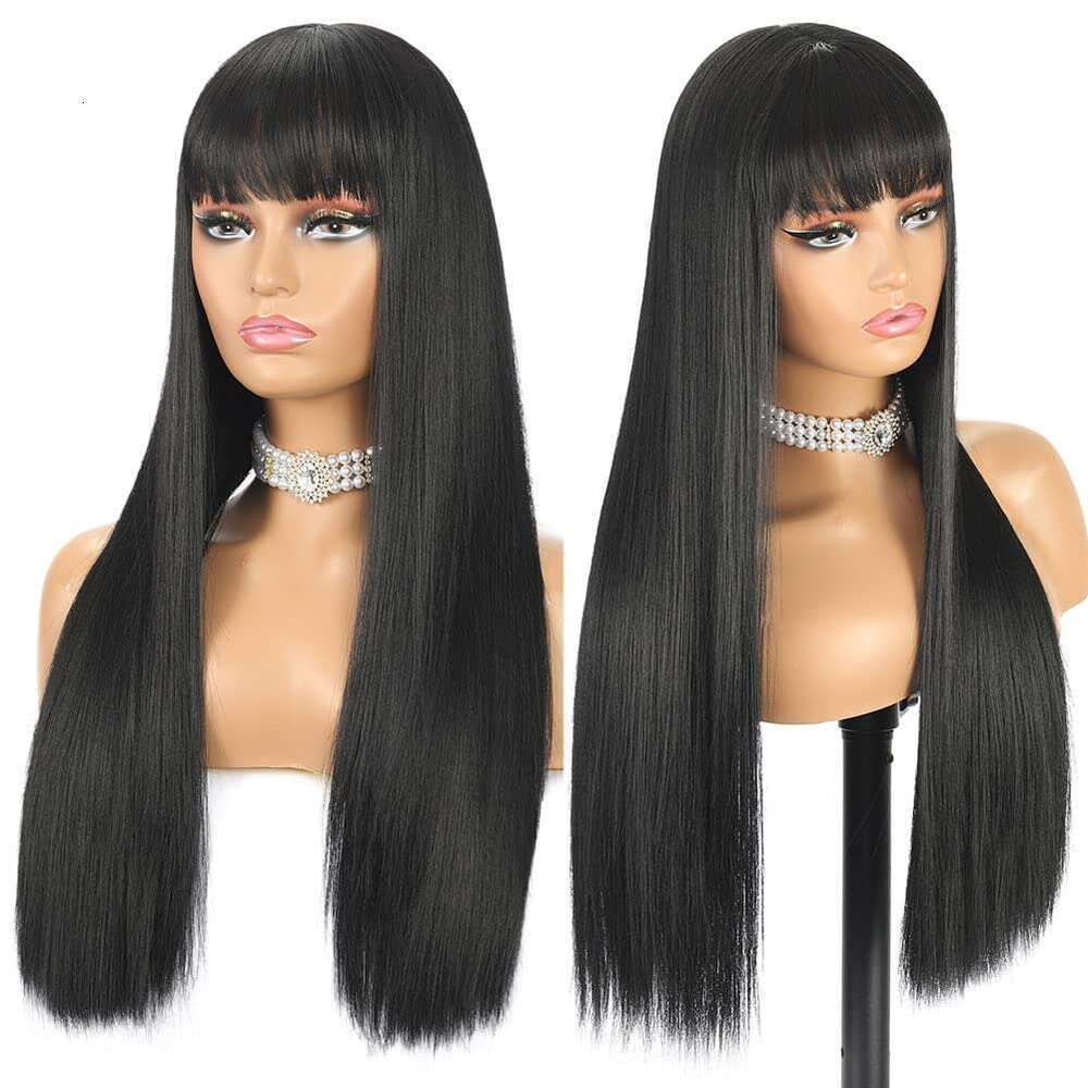 Long Straight with Bangs Natural Black for Women Fashion Silky Soft Smooth Remy Hair Heat Resistant Fiber Synthetic Wigs hine Made Glueless Full 24 In