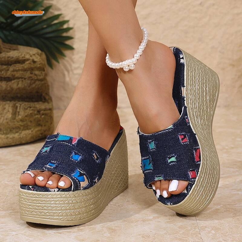 One Strap Denim Wedge Women Plus Size Fashion Slip On Platform Heels Sandals Woman Summer Thick Bottom Beach Slippers ddmykukumalu