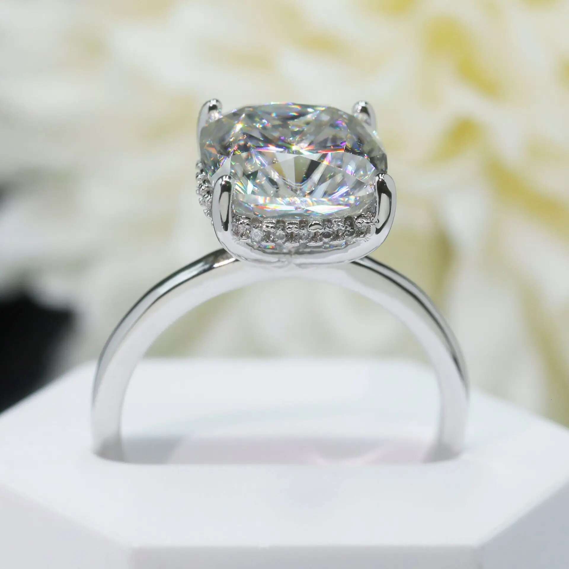5CT Full Moissanite Diamond D Color VVS Cushion Cut Womens Ring S925 Sliver Plated White Gold Wedding Fine Rings for Women