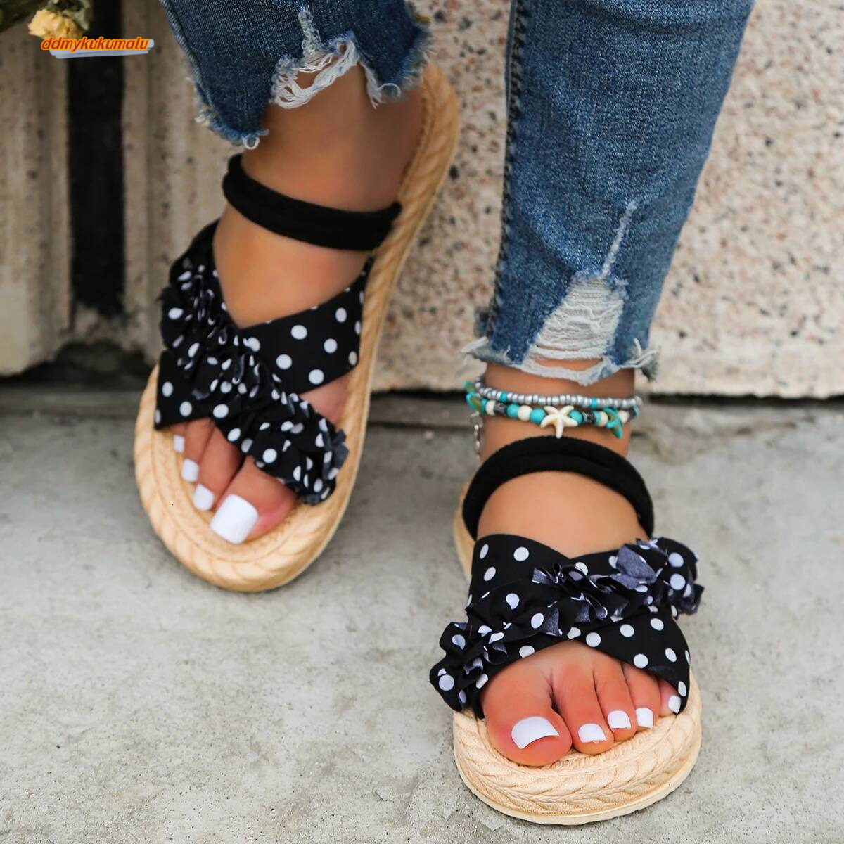 Women's fashion trend, anti slip and wear-resistant lace strap flat heel sandals ddmykukumalu