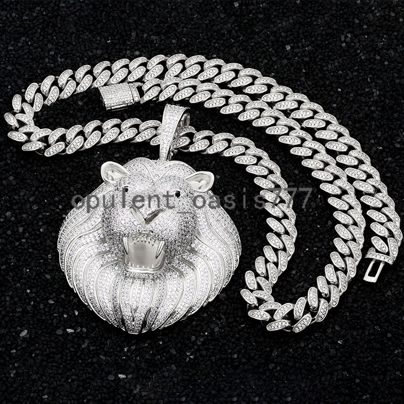 High Quality moissanite moissaniteia moissanite Pendant Hand Setting Lion Head Necklace White Gold Pendant Hip Hop Jewelry