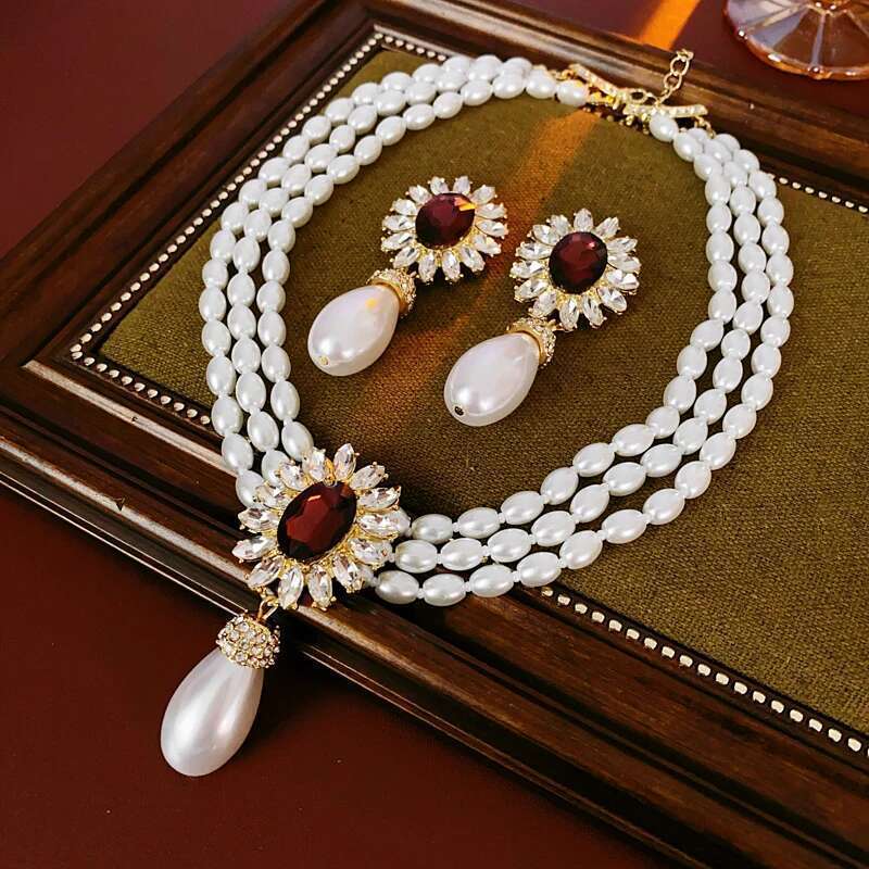 Flower Inlaid Rhinestone Drop Pearl Necklace Earring Set French Style Clavicle Chain Light Jewelry Sets For Women