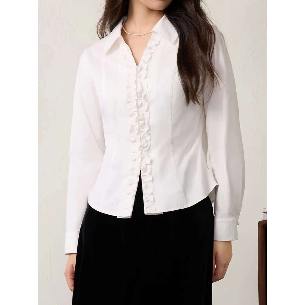 DUSHU Plus Size Women's Unique Design V Neck 2025 Spring New Commuting Casual V-Neck White Chic Shirt For Women 25Ds81055