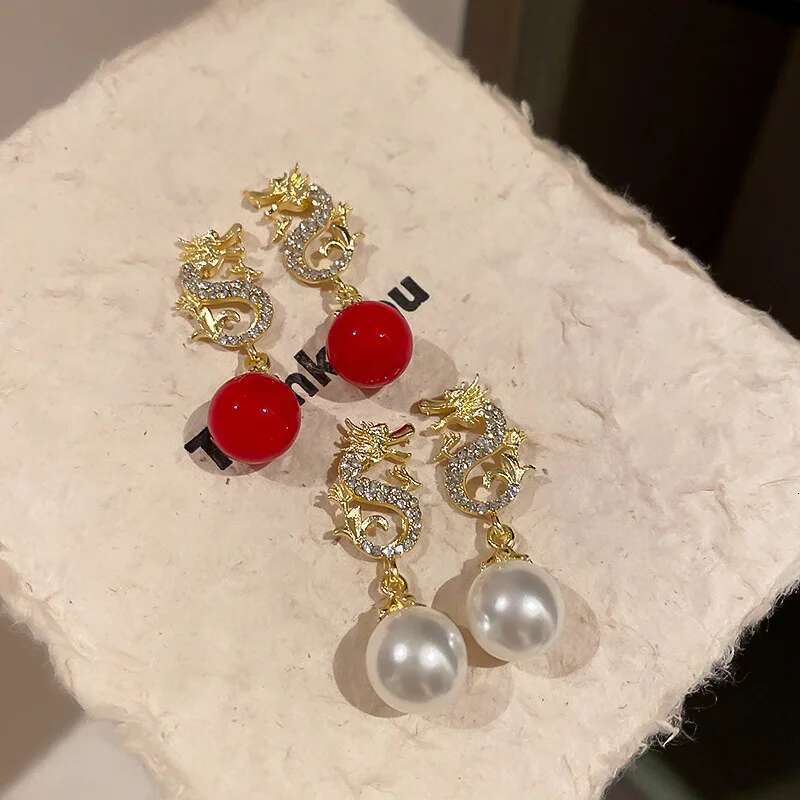 Rhinestone Chinese Earrings For Women Temperament Pearl Drop Earring 2024 Festive New Year Dragon Jewelry