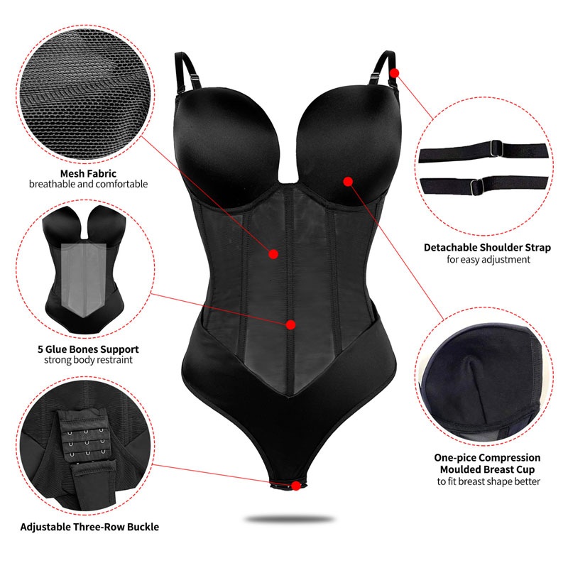 Women Bodysuit Shapewear Tummy Control Body Sculpting & Slimming Deep V Corset Pull Bra Bust Support Seamless Sling Body Suits Waist & Tummy Shaper