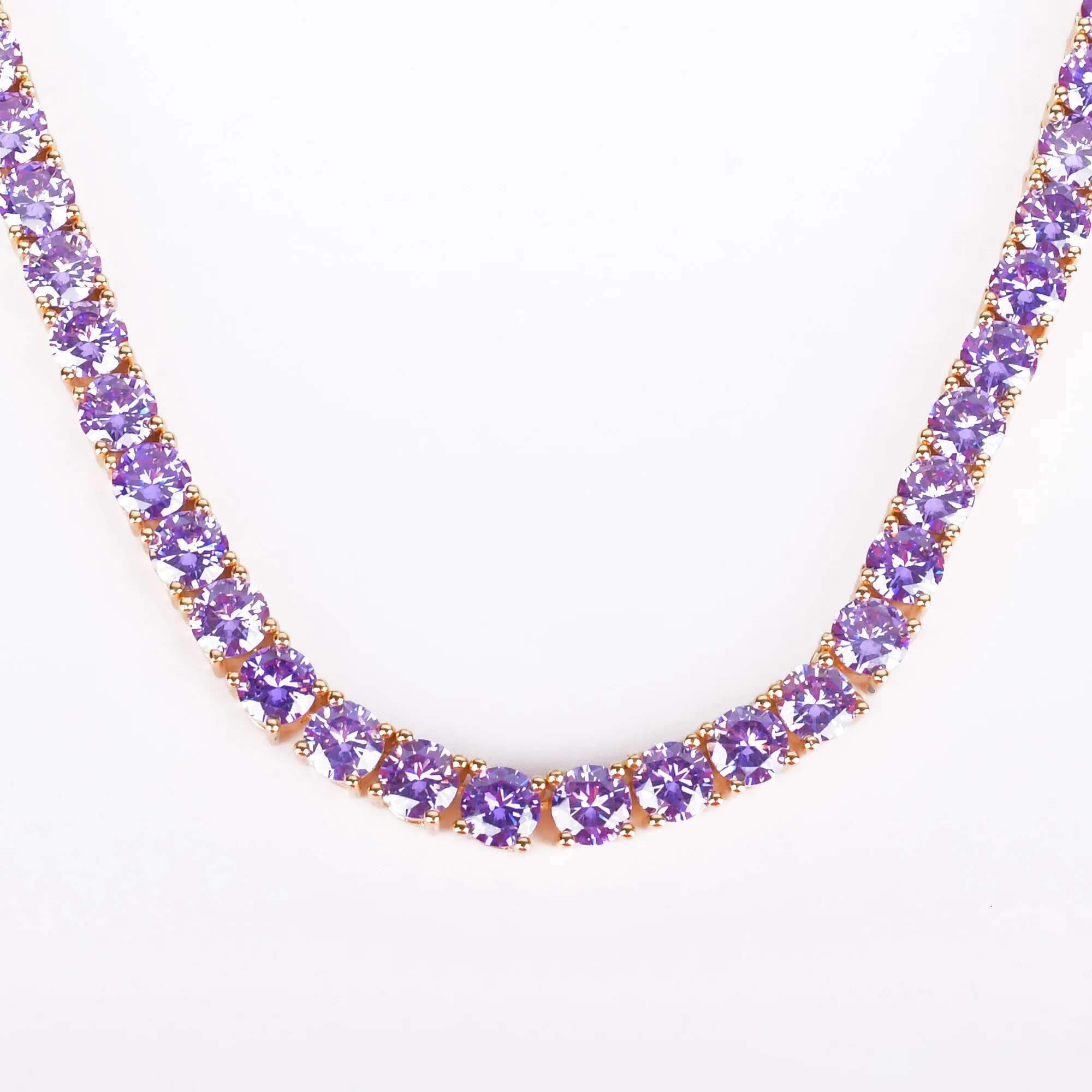 Aokaishen Purple Tennis Chain Necklace Hip Hop Rock Street Jewelry AAAAA Cubic Zirconia Real Gold Color Plated