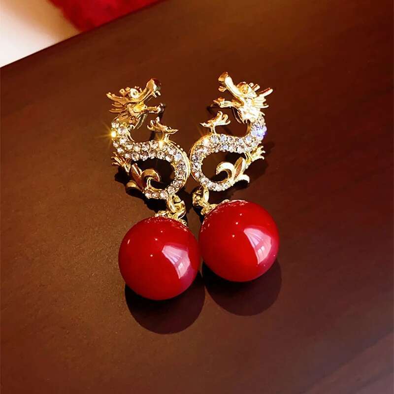 Rhinestone Chinese Earrings For Women Temperament Pearl Drop Earring 2024 Festive New Year Dragon Jewelry