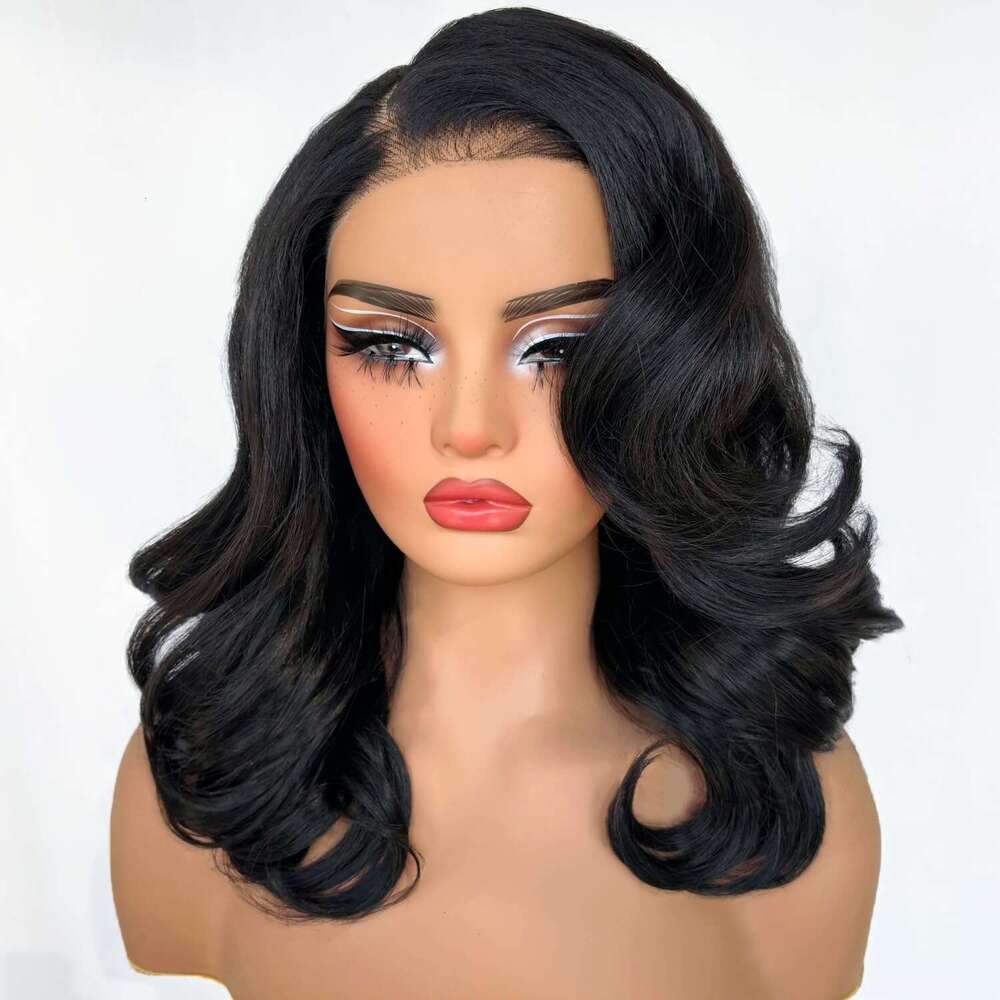 SOKU 13X6 Body Wave Layered, 18 Inch Short Wavy Glueless Pre Plucked, Natural Black Synthetic Lace Front Wigs for Women, Ready to Wear with Tiny Knots