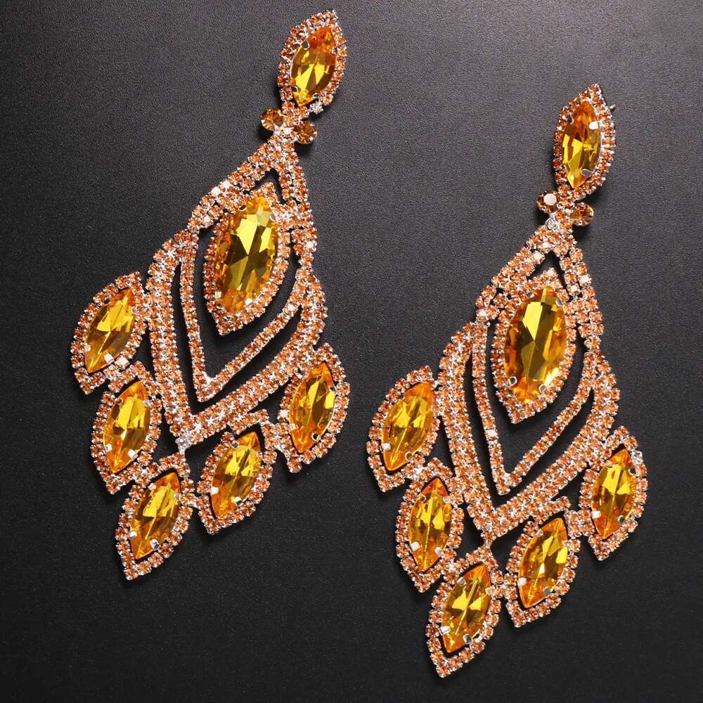 Exotic Orange Large Dangle For Women Pendant Exaggerated Rhinestone Earrings Crystal Drop Statement Accessories