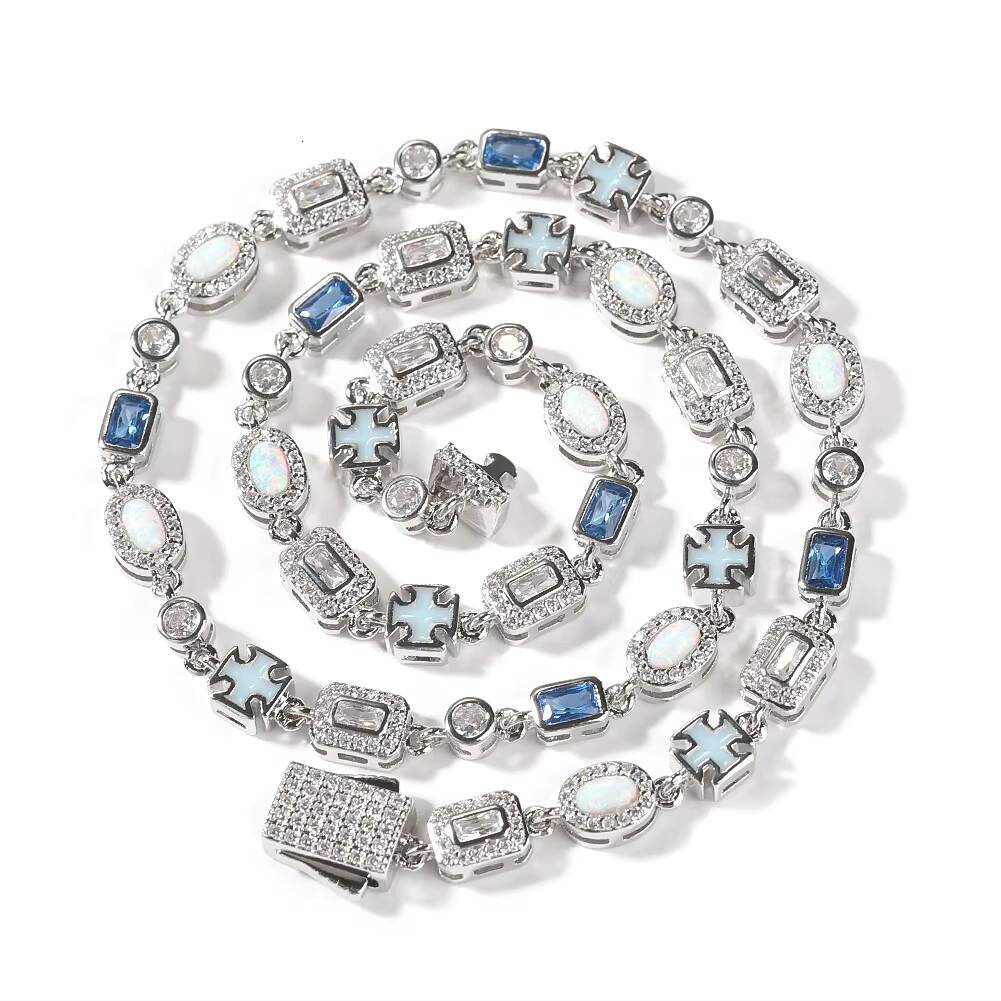 UWIN Hip Hop Crystal White Opal Gemstone Blue Topaz Dainty Bracelet Blue Cross Link Necklace Exquisite Fine Jewelry for Women