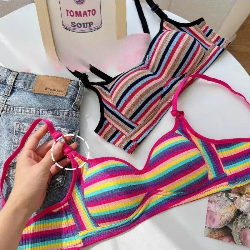 Dopamine Girl Rainbow Stripe Colorful Small Chest Stainless Steel Ring Underwear Back Bra High Impact Sports Plus Size 250430