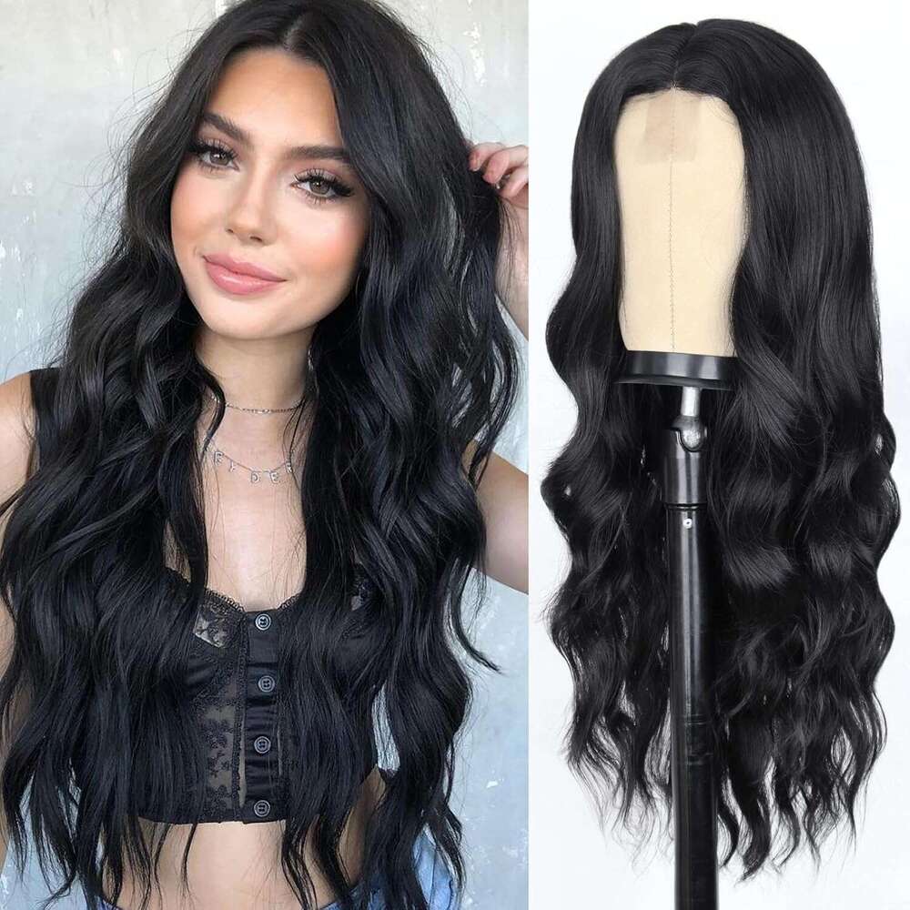 Long Wavy Wigs Women Curly with Middle Part Synthetic 26 Inch Natural Looking Black Wig for Daily Party Use