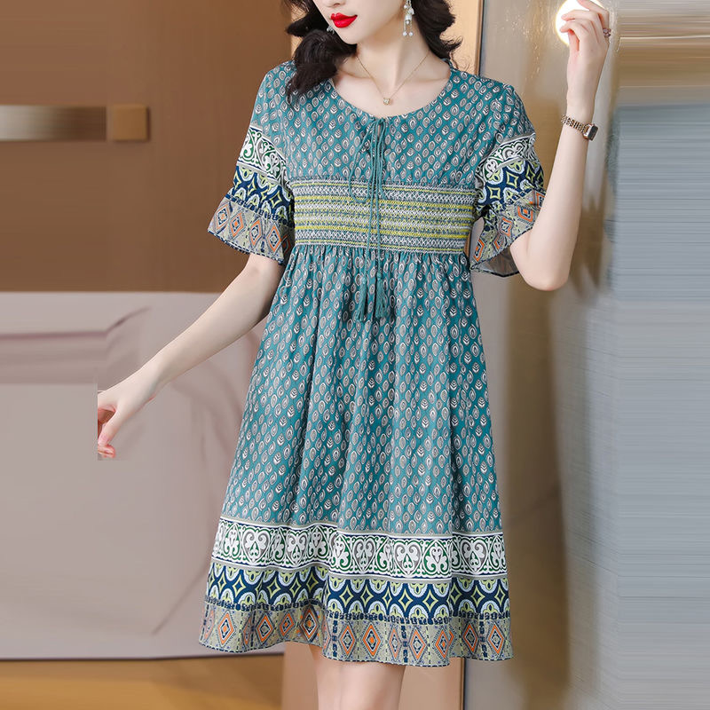 Korean version of large size women's loose commuting printed dress 200 pounds summer elegant A-line skirt D02321