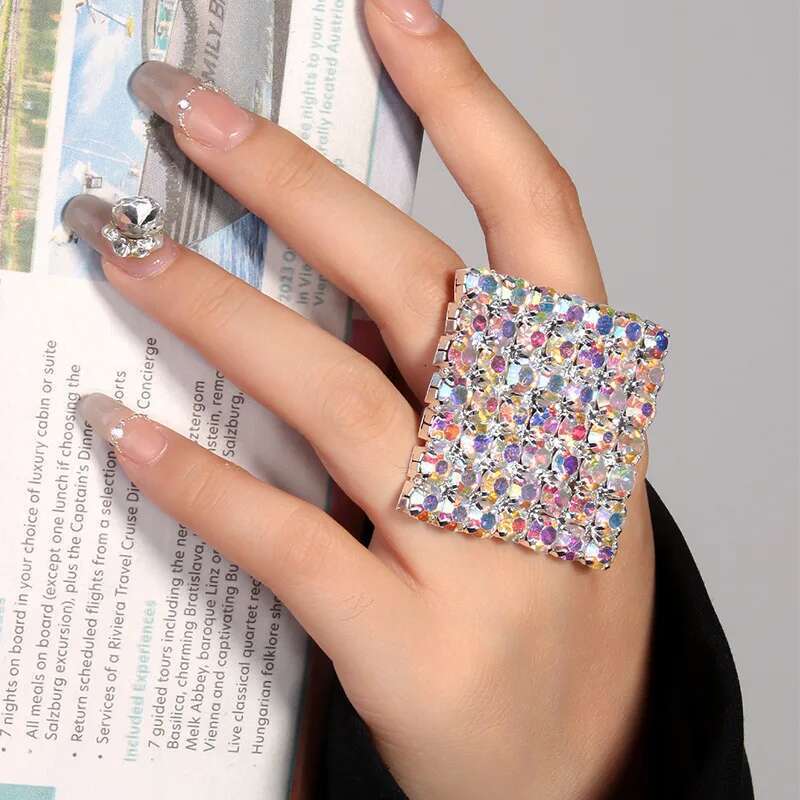 Stonefans Crystal Exaggerated Square Finger Jewelry Adjustable Large Geometric Rhinestone Open Rings Hand Decoration Dance