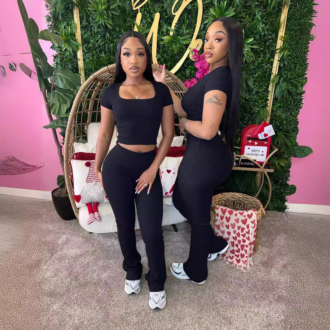 Womens Tracksuits Two Pieces Set 2025 Summer New Pit Stripe U Neck Short Sleeve Flipped Pants 5 Colors