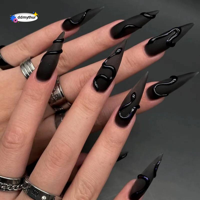24pcs Gradient French False Art Y2k Rhinestones Full Cover Sets Long Stilettos Press on Nails Tips Black Fake Nail ddmythur