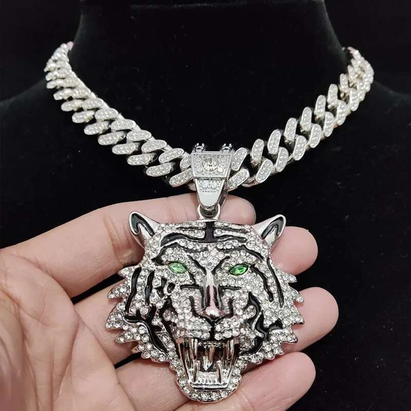 Hip Hop 3D Tiger Pendant Necklace With 13Mm Crystal Cuban Chain Hiphop Iced Out Bling Necklaces Men Women Fashion Charm Jewelry