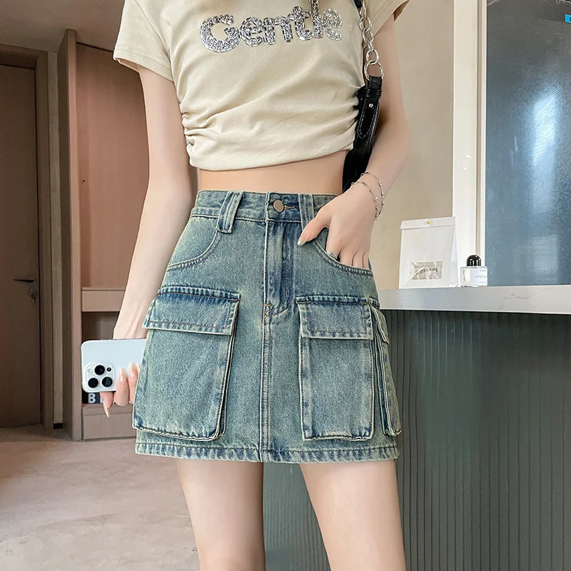 KSTUN 2025 Womens Summer Cowboy Skiing Bag Sexy High Waist Sprint Retro Blue Multi Pocket Cargo 250425