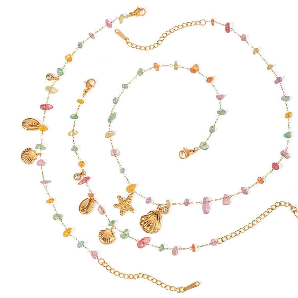 Gold Plated Stainless Steel Colored Crushed Stone Shell Starfish Rhinestone Necklace Anklet Bracelet Chain Beach Jewelry Set