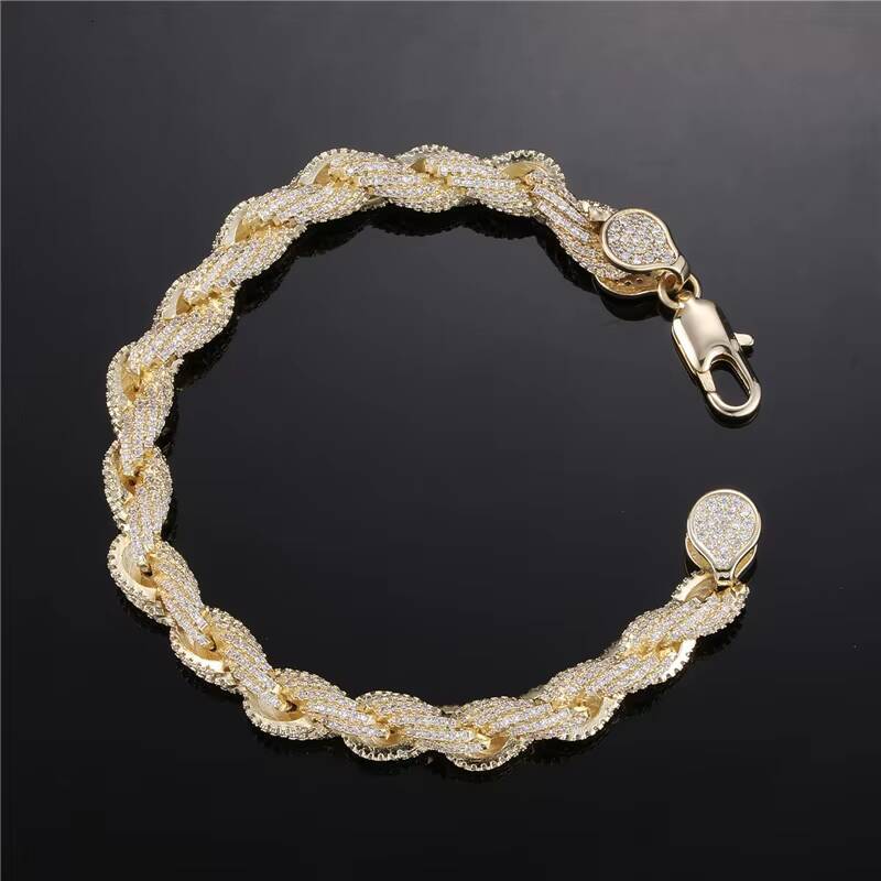Fashion Trendy Hip Hop Chain Jewelry 8mm Mens Real Silver Gold Plated Twist Chain Iced Out Full of Diamond Rope Chain Necklace