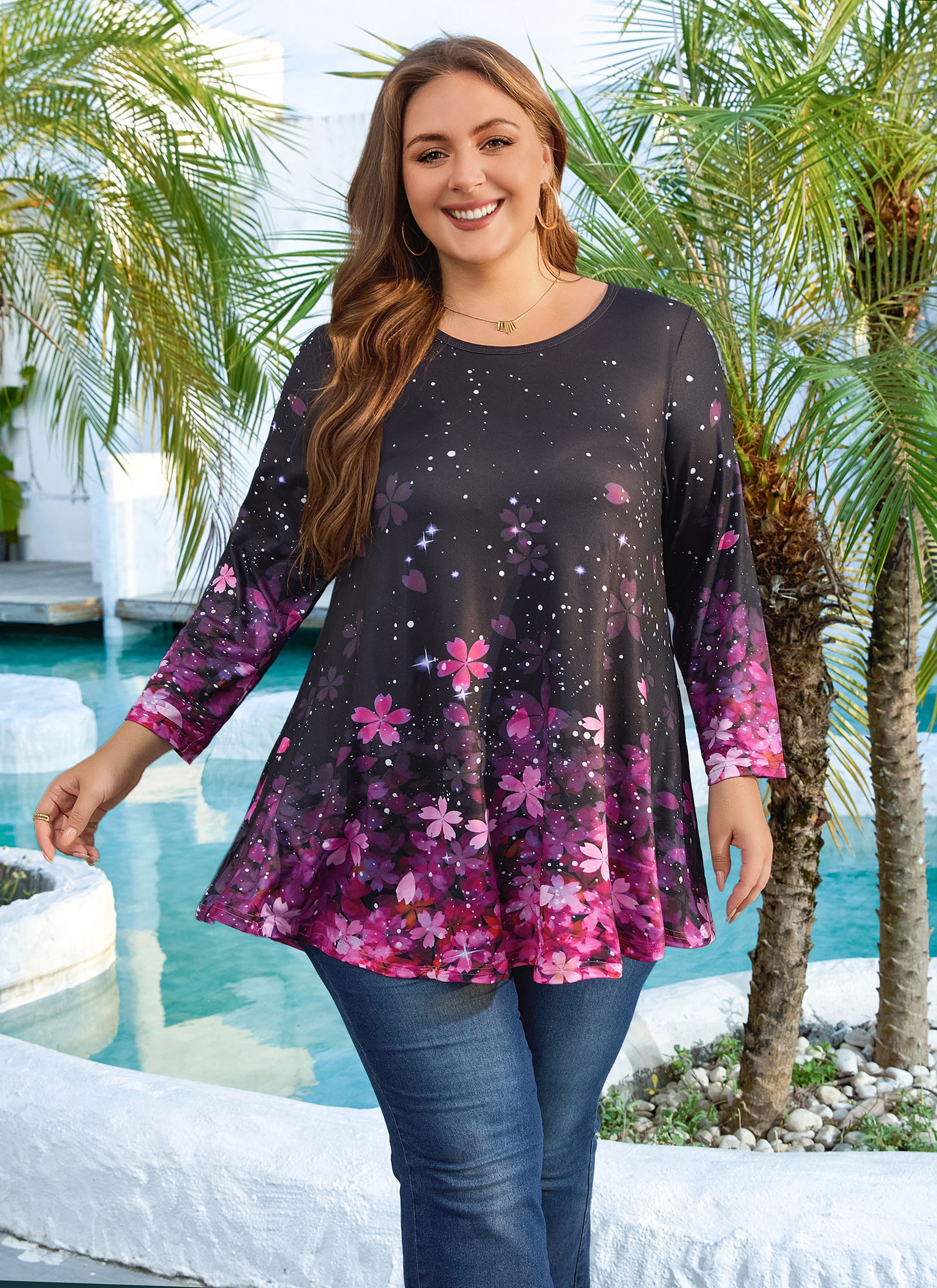Womens Tunic 3/4 Sleeve Plus Size Tops Crew Neck Swing Flowy Loose Fit T-Shirt Blouses to Wear with Leggings Pink Floral Black Tunic