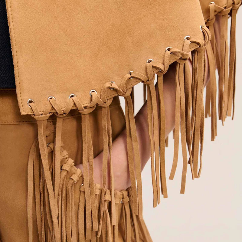 Autumn Brown Tassel Suede Cape Jackets Fashion Lapel Patchwork Loose Short Coat Chic 2025 Lady High Street Outerwears 251129