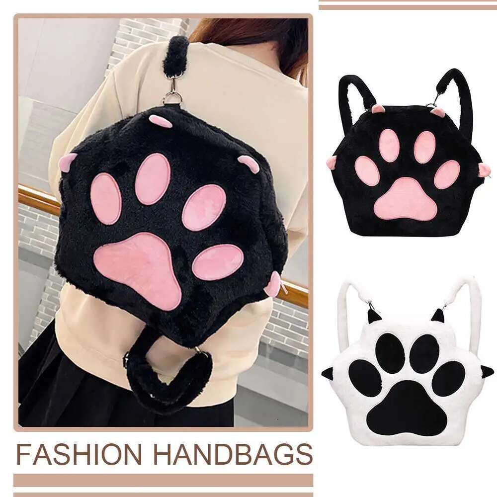 Cute Cat Paw Plush With Adjustable Straps Soft Furry Purse JK Bag Cartoon Backpack For Women Girls