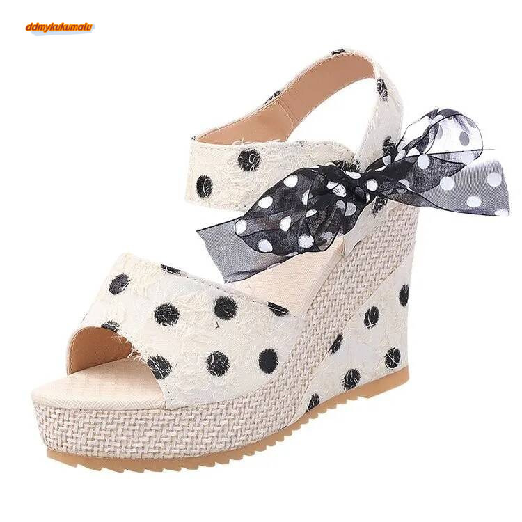 2025 Women Polka Dot Lace Up Bowknot Casual Open Toe Wedges Summer Sandals Party Platform High Heels Shoes ddmykukumalu