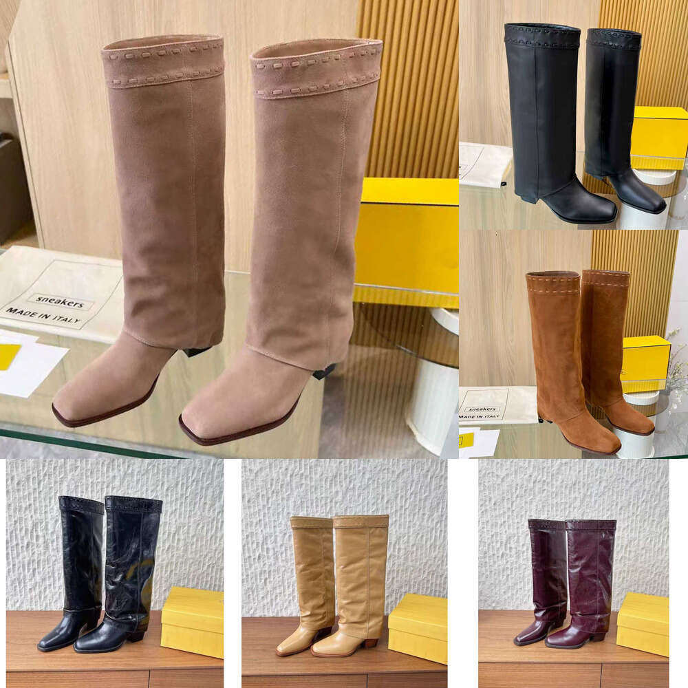 designer shoe woman long boots 2025 new autumn winter 7cm thick heel pants leg boot style straight boots classic simplicity fashionable mid Knee boots lady tube boot