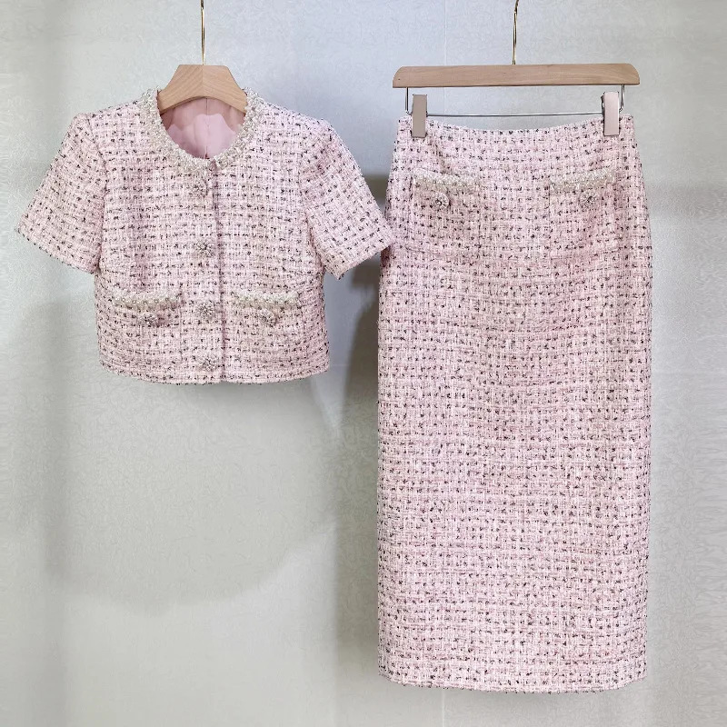 Summer Autumn Crystal Pearl Tweed Dress Set Women Summer Autumn Crop Top Jacket Midi Long Pencil Skirt Suit Office Outfit 251129