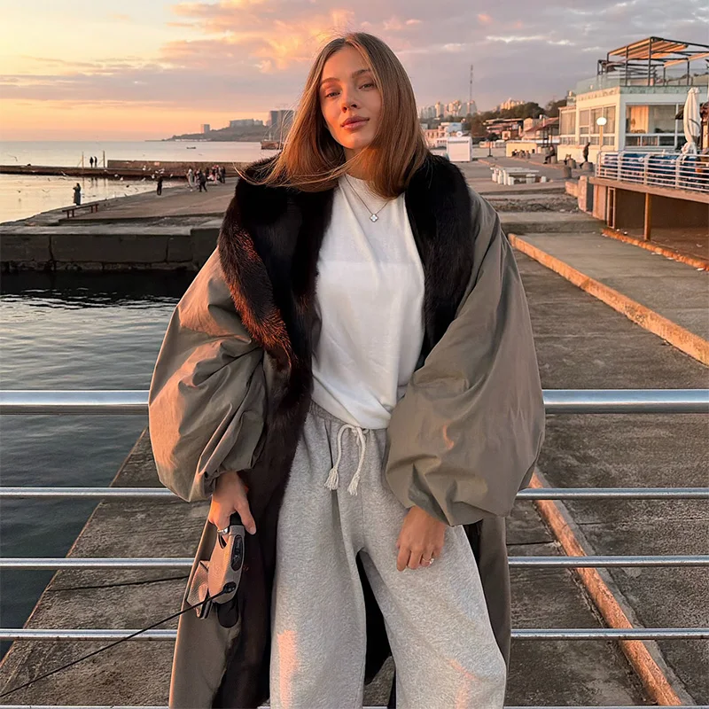 Oversize Long Coat for Women Loose Faux Fur Collar Lace Up Jacket Fashion Long Sleeve Overcoats Outwears 2025 New Winter