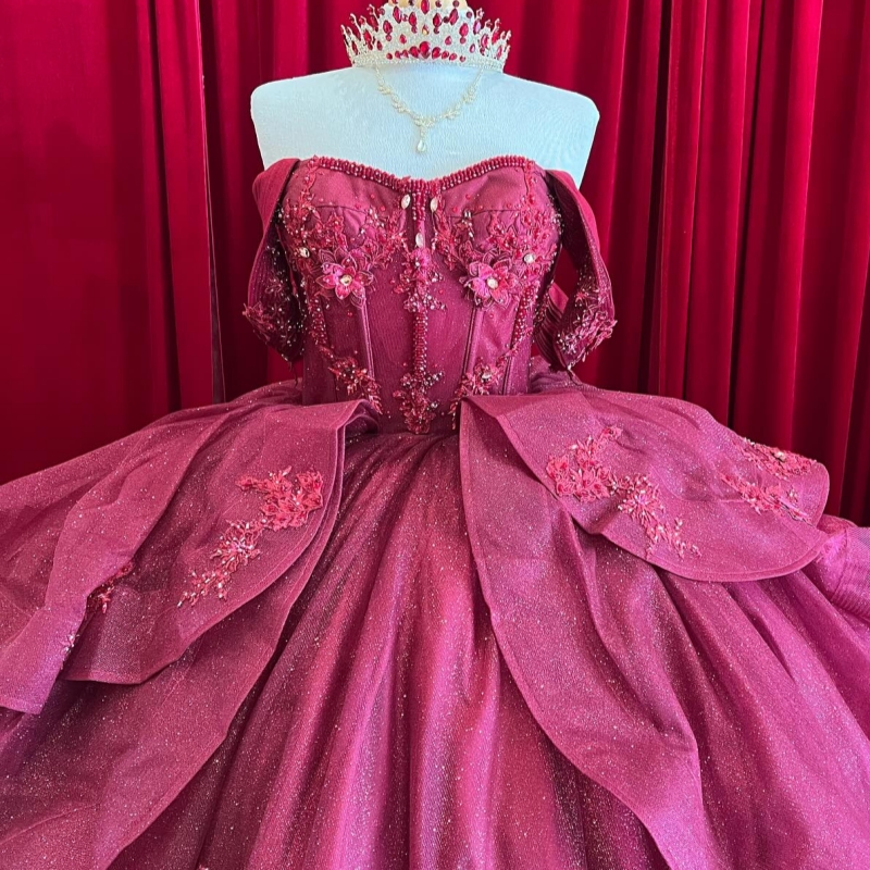 Red Princess Quinceanera Dresses Off Shoulder Applique Flower Beads Tull Corset Sweet 16 Dress Ball Gown Vestidos 15 Anos