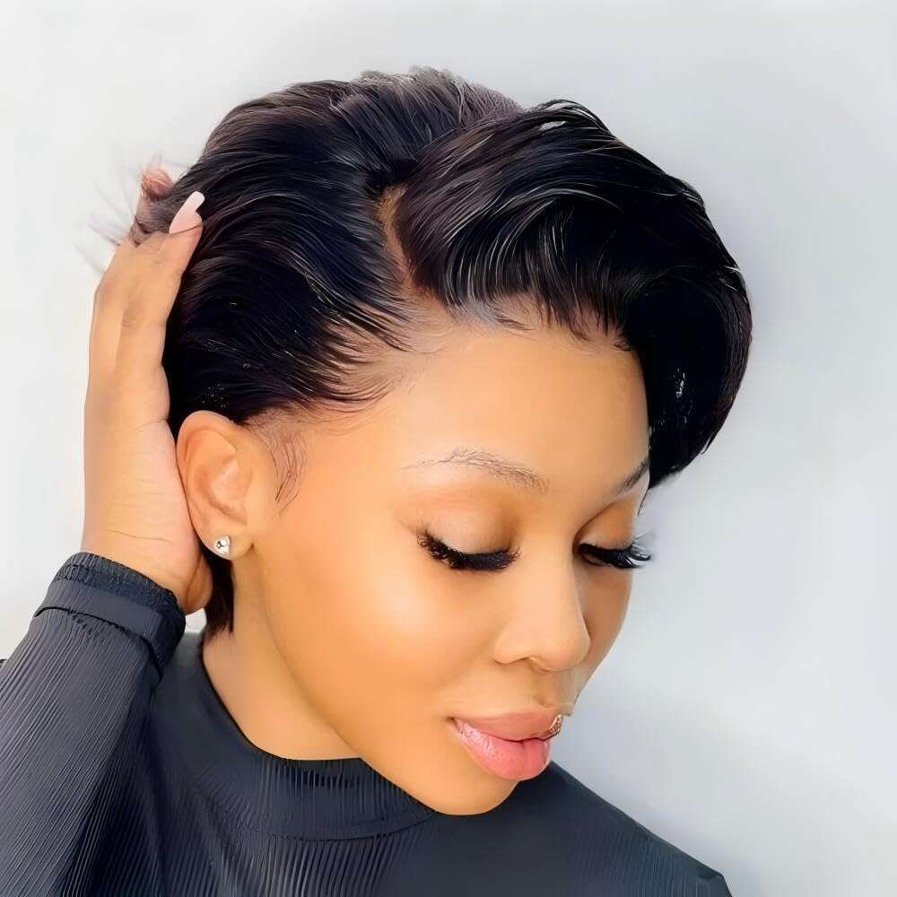 YIHANGDA Bob Short Front Wigs for Black Women Human Hair Pixie Cut Pre Plucked T Part Lace Wig with baby hair 1B Color