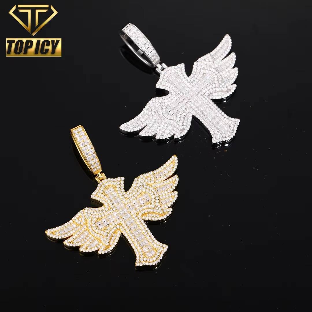 Iced Out Hip Hop Mens Sparkling Necklace 925 Silver Moissanite Winged Cross Pendant Pass Diamond Tester with GRA Certificate